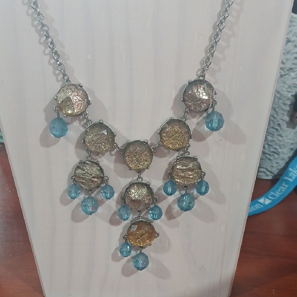 Women's Statement Bib Necklace with Gold-Tone Discs and Aqua Beads